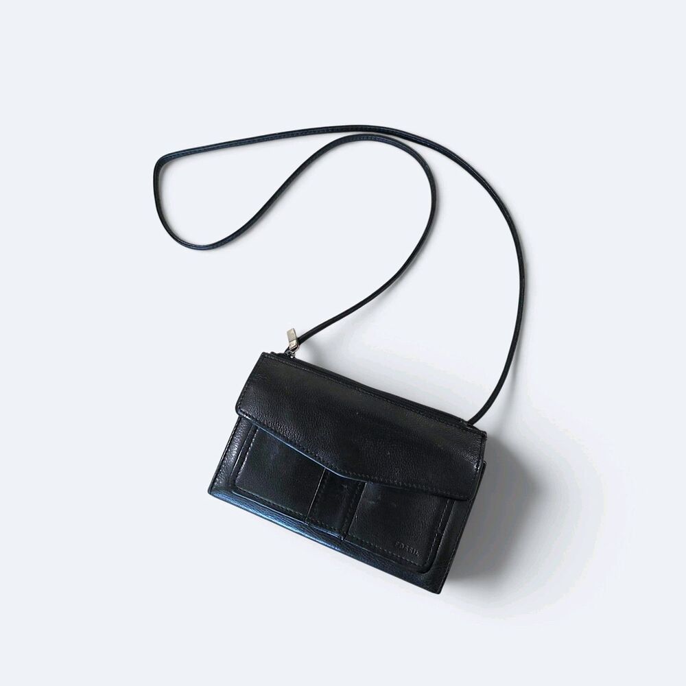 Vintage Fossil Black Leather Crossbody Wallet Purse Organizer Bag